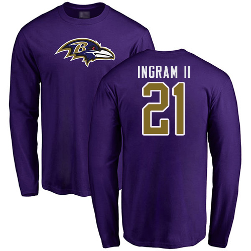 Men Baltimore Ravens Purple Mark Ingram II Name and Number Logo NFL Football #21 Long Sleeve T Shirt->baltimore ravens->NFL Jersey
